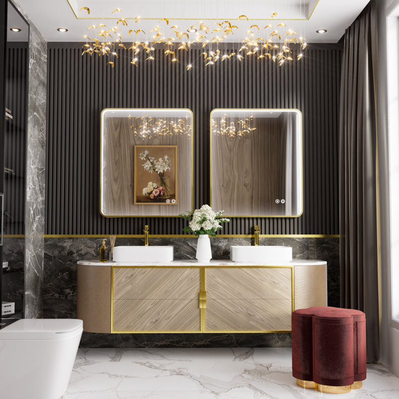 Miroir de salle de bain avec cadre en aluminium et éclairage à DEL, 36 po x 30 po, Doré
