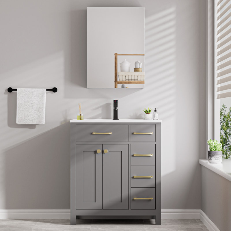 Meuble-lavabo de salle de bain autoportant 30 po avec comptoir d'évier, armoire de rangement à miroir murale 20 po, robinet et bonde
