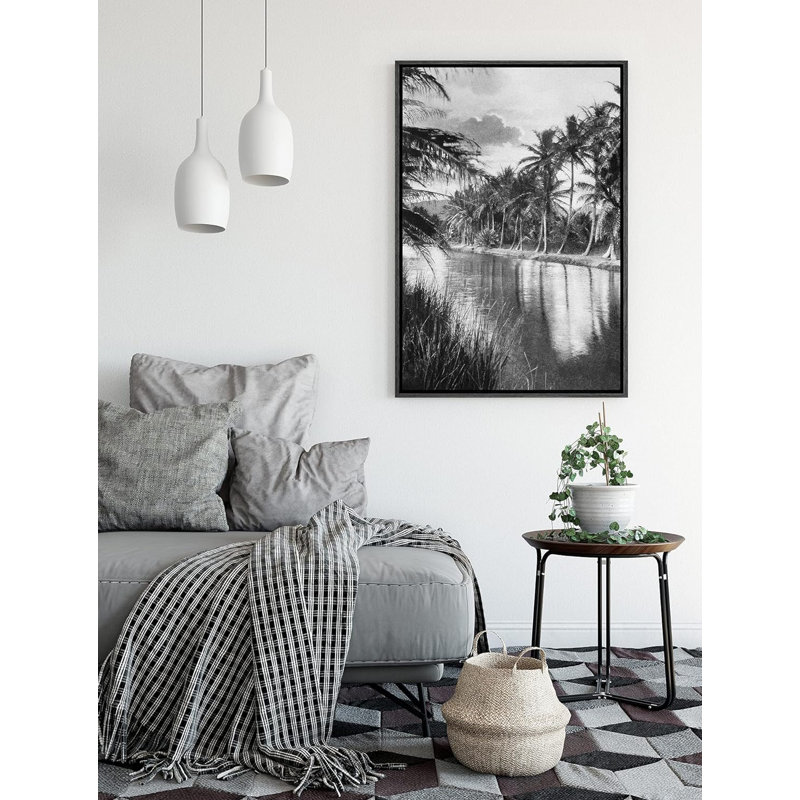 Vintage Black and White Palm Trees Canvas Print with Black Frame