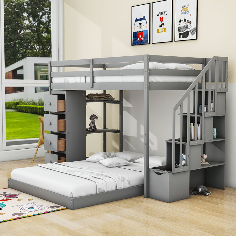 Lit superposé simple au-dessus d'un lit double avec tiroirs Hegyera, gris