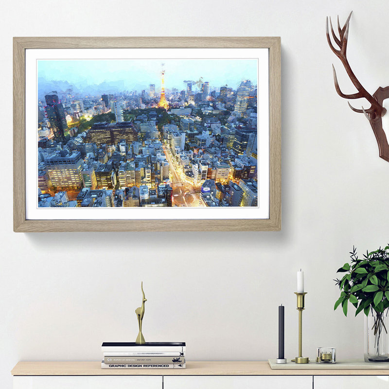 Skyline of Paris in France in Abstract - Picture Frame Graphic Art Print, 27cm H x 36cm W x 2cm D, Oak Framed