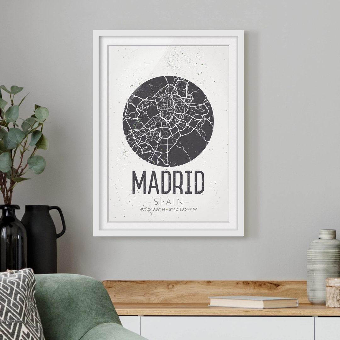 Gerahmtes Papierbild Stadtplan Madrid - Retro