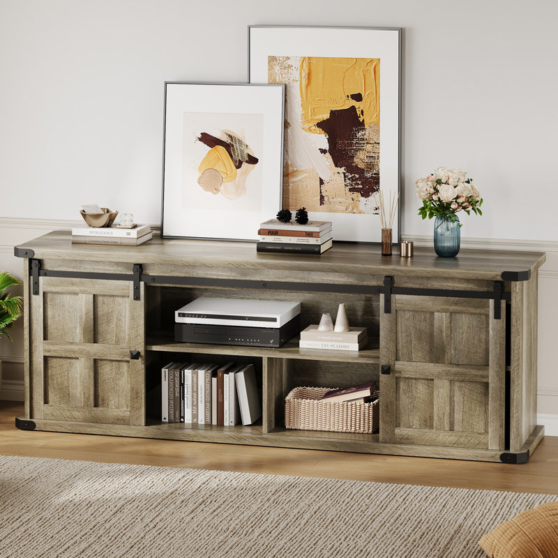 70 in Farmhouse TV Stand for 75 in TVs, Modern Entertainment Center with Sliding Barn Doors, Modern Media TV Console Table, Wood Long TV Stand for Living Room