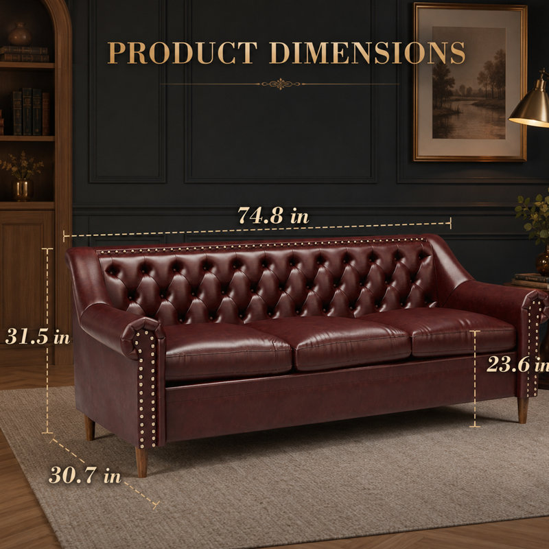 78.7" Leather Rolled Arm Sofa , Burgundy Red