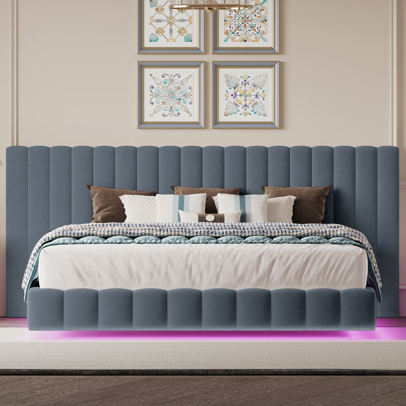 Floating Upholstered Bed Frame with Oversized Headboard and RGB LED Lighting, Queen, Gray