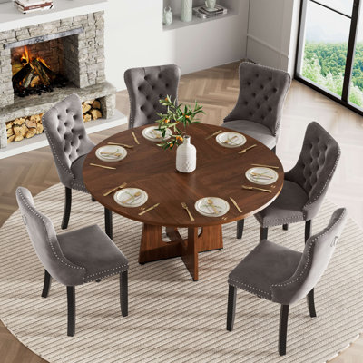 47" Round Wooden Dining Table Set for 4-6, Modern Velvet Upholstered Chairs with Rivet Details, Kitchen & Dining Room Furniture Set, Splicing Tabletop, Safe Corner