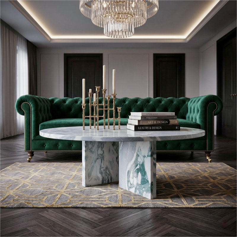Table basse ronde en marbre gris classique avec base sculpturale en acier, 27,6 pouces de diamètre, élégance en pierre naturelle pour le salon