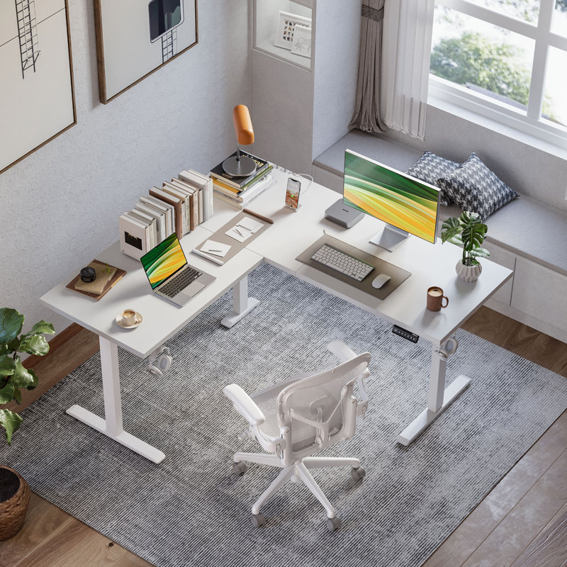  Bureau pour travailler debout réglable en forme de L de 55 po avec crochet pour écouteurs pour bureau personnel, bureau avec contrôleur de mémoire, facile à assembler
