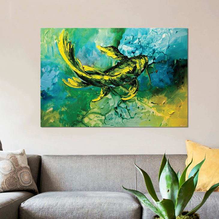 «Swiger Yellow Koi Fish», reproduction sur toile, H 8 po x l 12 po x P 0,75 po, Pas de tapis, Toile tendue