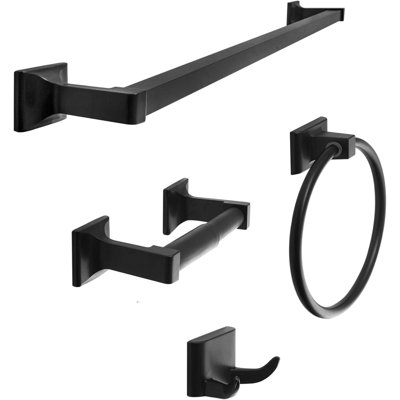 Bathroom Hardware Set - Heavy Duty Metal Wall Mounted Accessories Includes Towel Bar, Toilet Paper Holder, Towel Ring And Robe Hook - Matte Black Finish