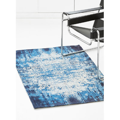 Tapis bleu/crème en coton noué la à la main Forde