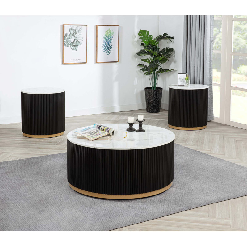 Ensemble de cocktail moderne 3 pièces avec plateau en marbre luxueux et base dorée