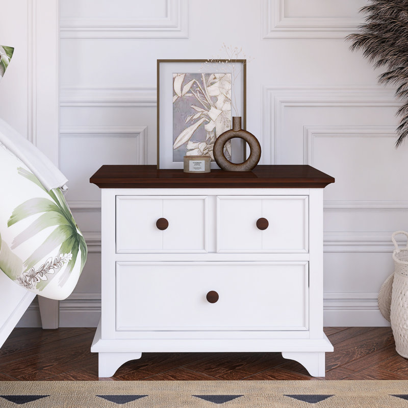Table de bout de table de chevet en bois 27,6 po en blanc avec 2 tiroirs