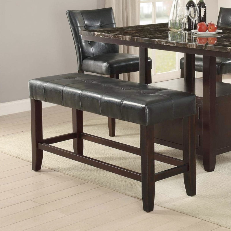 Counter Height Bench For Dining - Black Faux Leather Upholstered Seat With Wooden Frame Modern Room Cushion Wood Base Comfort