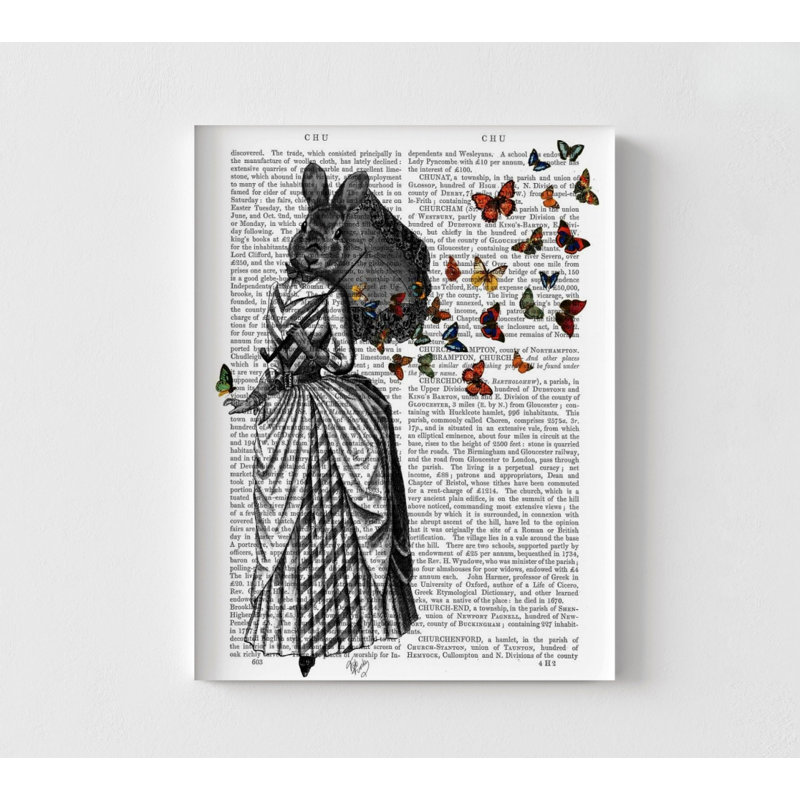 Reproduction d'affiche de lapin et papillon, parapluie de lapin, impression de page de livre encadrée, décoration murale papillons, décoration murale maison étrange