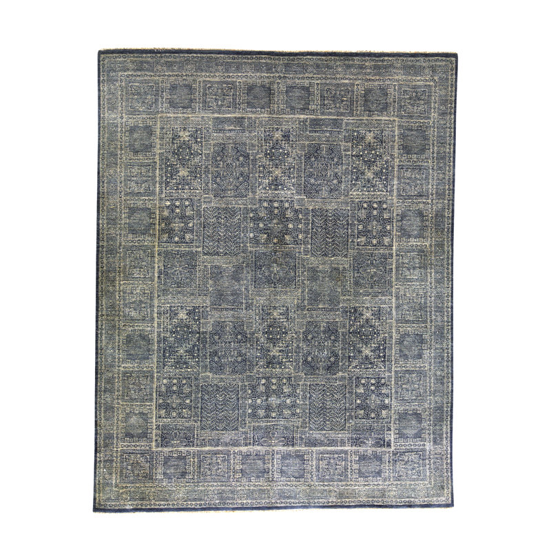 Tapis bleu clair et beige noué à la main de haute qualité