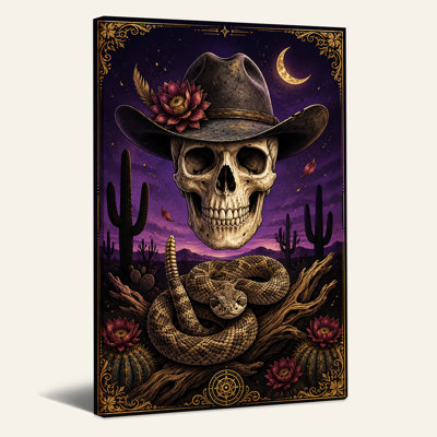Impression sur toile, chapeau de cowboy, crâne et serpent à sonnette dans le désert mauve
