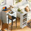 Îlot de cuisine roulant avec table allongée, îlot de cuisine sur roulettes avec lumières DEL, prises de courant et 2 portes en verre cannelé, îlot de cuisine avec compartiment de rangement et 3 tablettes ouvertes latérales-1023414616