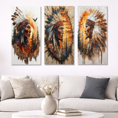 Native American Warrior Energy of Forest I - Tribal, ensemble de 3 impressions sur métal