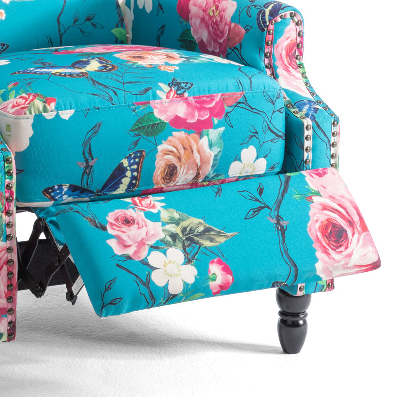 Upholstered Classic Wing Back Manual Push Back Recliner With Naihead Trims And Solid Vase-Shape Wooden Legs