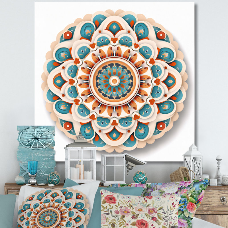 Mandala sacré en rétro bleu et orange - art mural Mandala Boho, 16" H x 16" W, Toile tendue