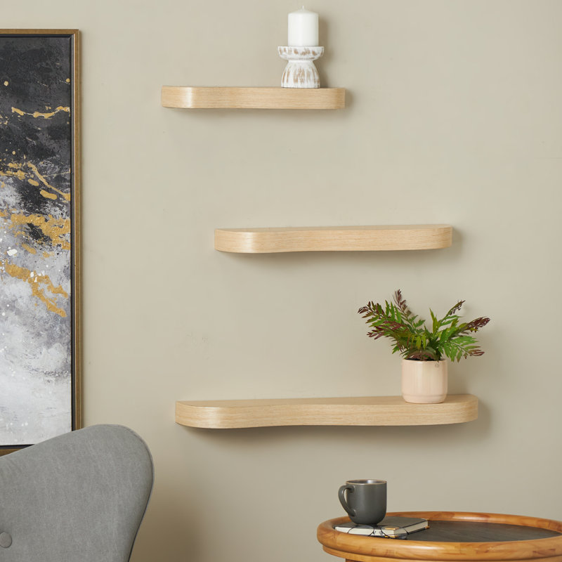 Cole And Grey Wood Handmade Room Light Brown Wall Shelf With Various Sizes Set