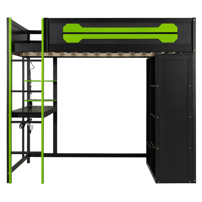 Neriah Wood Loft Bed with Desk, Open Wardrobe & RGB Light, Green