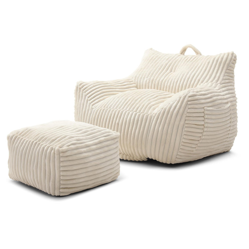 Comfy Lazy Bean Bag Chair with Armrests and Ottoman, Beige Corudroy