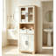Armoire de rangement haute avec portes en verre, garde-manger autoportant avec compartiment ouvert, 2 tiroirs et placard fermé, rangement en bois moderne pour la cuisine, la salle à manger et le salon