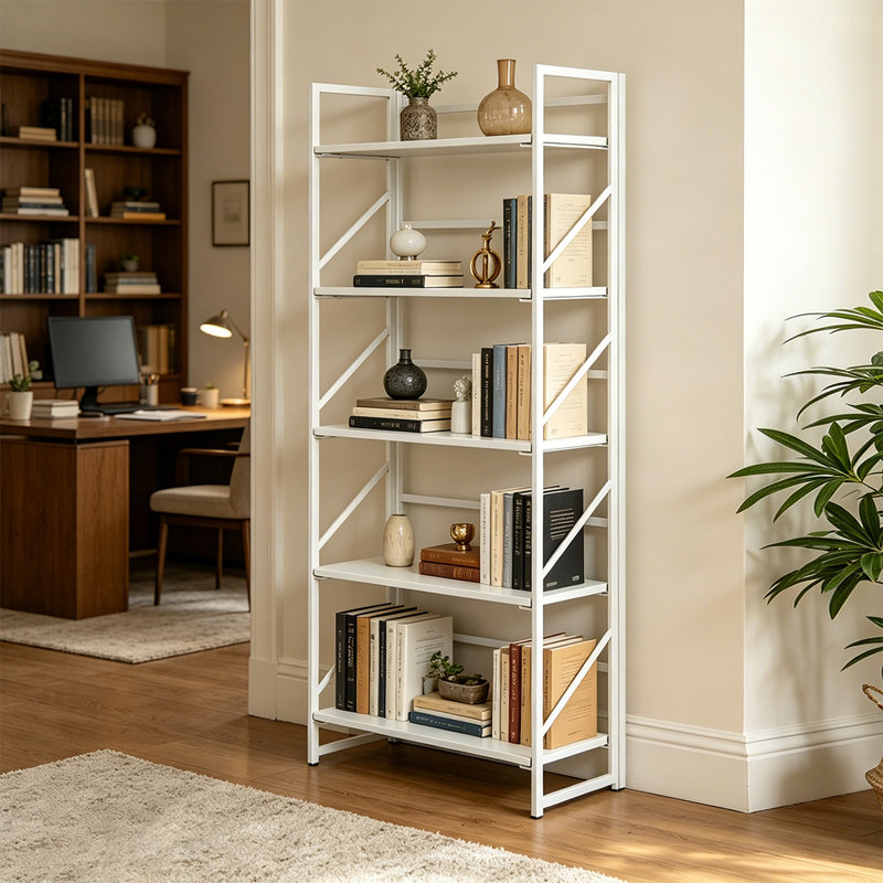 Bibliothèque pliante, 5 niveaux, bibliothèque industrielle en bois pliable avec structure en métal, sans assemblage, Blanc
