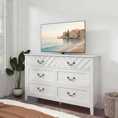 TV Stand with 6 Drawers, Modern Wood Media Console with 3D V-Pattern Front, Entertainment Center Storage Cabinet for Living Room, Apartment & Entryway