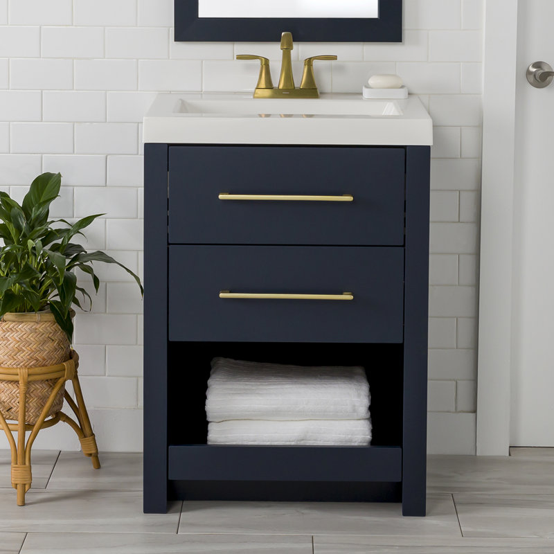 24.5" Single Bathroom Vanity With Cultured Marble Top, Deep Blue, Gold