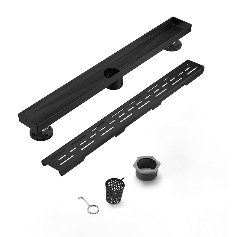 36 Inch Linear Shower Drain With Removable Brick Patterned Grate Cover, 304 Stainless Steel Shower Floor Drain With Hair Strainer And Leveling Feet