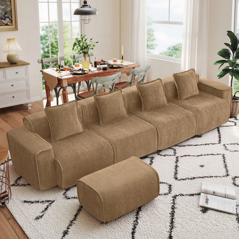 5-Seat Modular L Shape Velvet Sectional Compression Sofa, No Assembly Required with French Edge Piping, Velvet - Brown