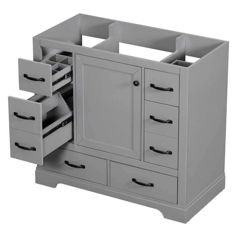 Meuble-lavabo 36 po, finition grise, 6 tiroirs, tablette réglable, armoire moderne en bois massif, gris, Gris