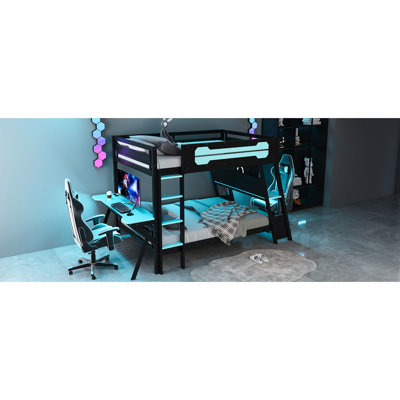 Lit superposé double pour les joueurs, couleur bleu nuage, deux bureaux de jeu intégrés, ports et lit de rangement, esthétique E Sports, avec organisateur de charge