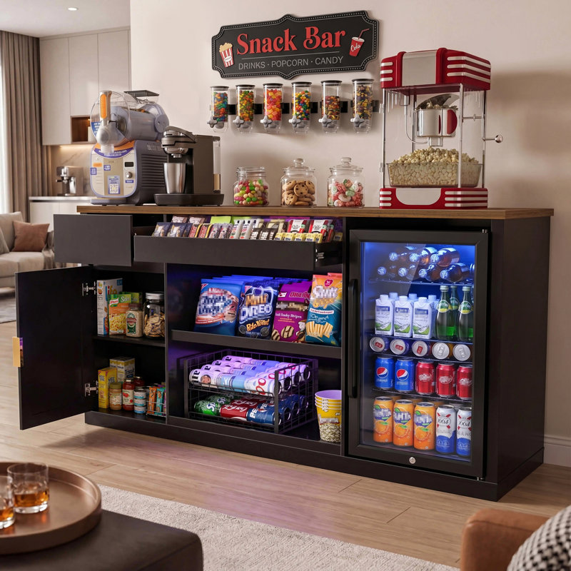 Snack Bar Cabinet with Fridge Space, 70.1" Snack Organizer with Storage and Candy Display Shelf, Coffee Station for Home Theater or Game Room with LED Lights, Black