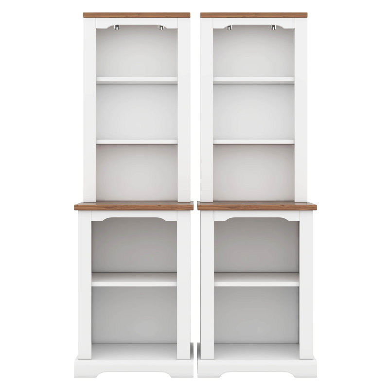 2-Piece Tall Freestanding Cabinet Set With Walnut Top, Open Storage Bookshelf With Curved Design, Anti-Tip Device, White