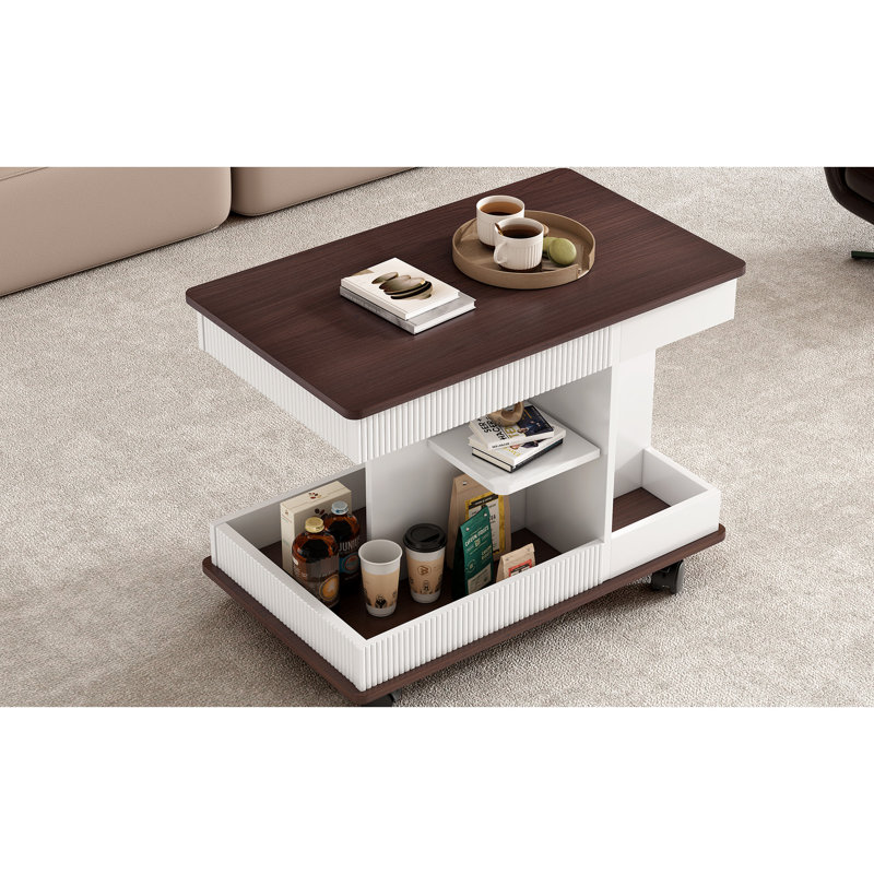 Table de bout réglable rotative à 360 ° avec plateau relevable, rangement latéral élégant, grande capacité, espace de vie et table supérieure, construction fonctionnelle, roues pivotantes verrouillables