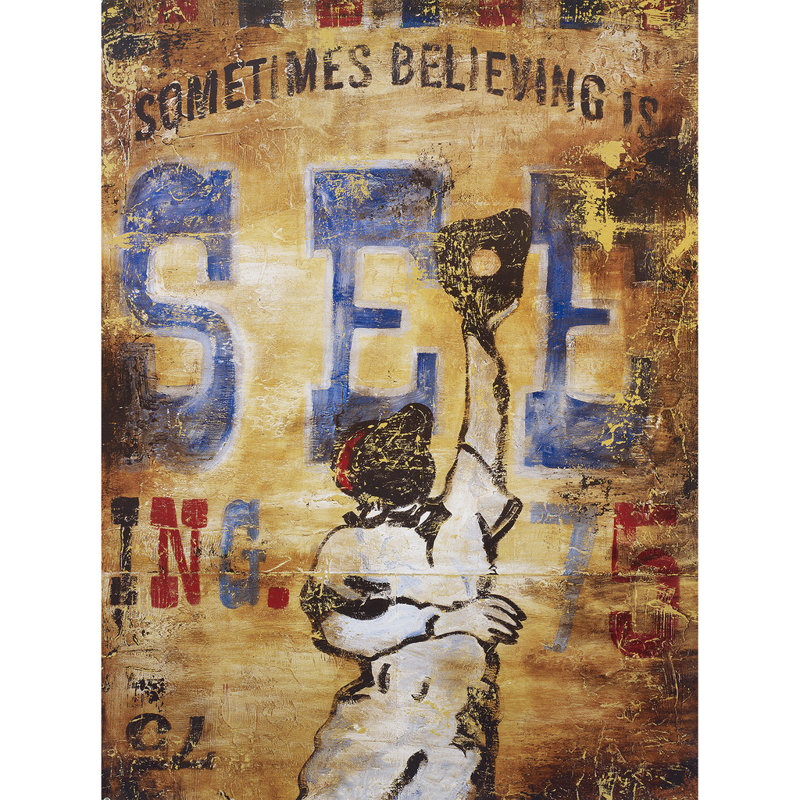 « croire is voit » par rodney’s, affiche rétro blanche sur toile tendue, H 40 po x l 30 po x P 1,5 po