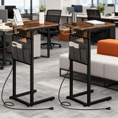 C-Shaped End Table With Charging Station, Set Of 2 Slide Under Sofa Side Tables With Fabric Storage Pocket And Built-In Power Outlet For Living Room And Bedroom