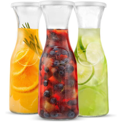 Glass Carafe, Mimosa Bar Supplies, Carafe Pitchers with Lid, Set of 3, Glass Water Pitcher, Drink Dispensers for Parties, Tea, Wine, and Juice, Plastic Lids, Dishwasher Safe, 35 oz