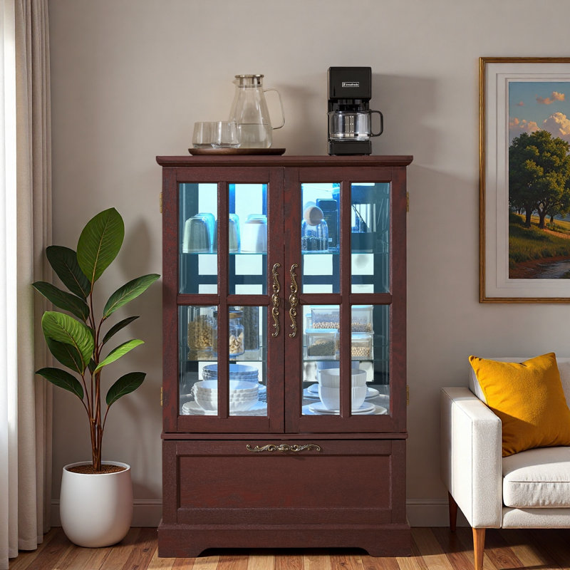 Vitrine avec bande lumineuse RVB en couleur, tablettes en verre réglables en hauteur et tiroir rabattable, Cherry