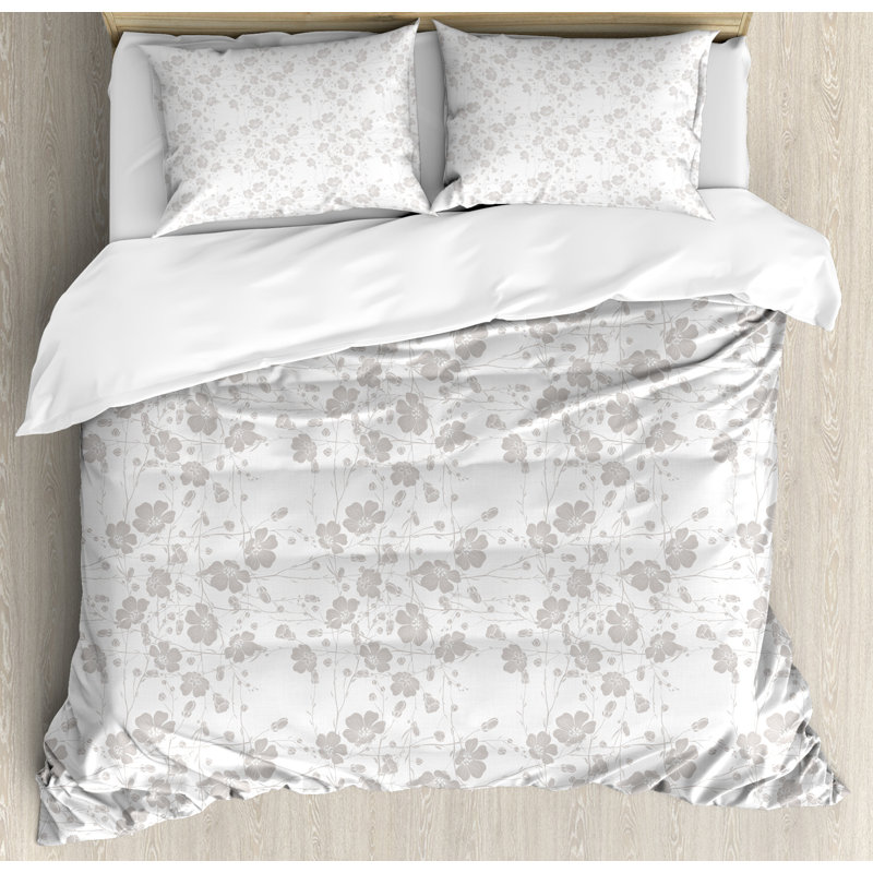 Pale Grey Floral Queen Duvet Cover Set with Pillow Shams