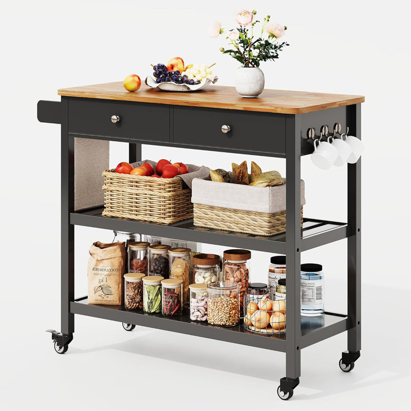 Kitchen Island Cart With Storage, 40’’ Wooden Top, 2 Tiers Spacious Shelves And Towel Bar, 2 Drawer Mobile Trolley Cart On Metal Wheels With Hooks For Dining Room, Bar, Outdoor, Black