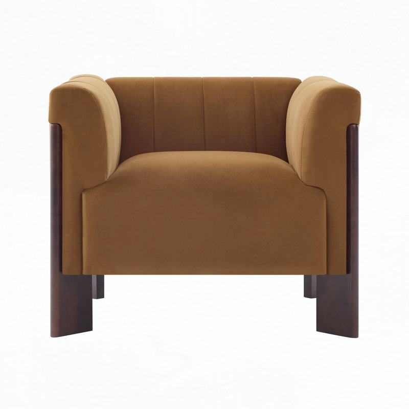 Fauteuil d'appoint en velours avec dossier capitonné à rainures verticales, accoudoirs ronds et pieds en noyer