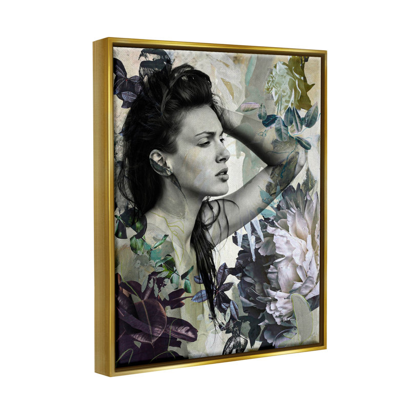 «Floral Blossom Woman Collage», art giclée par Design Fabrikken, H 31 po x l 25 po x P 1,7 po, Cadre flottant métallique doré