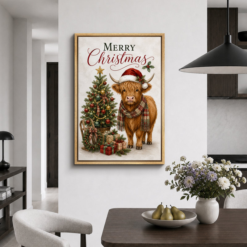 «Highland Cow Christmas Holiday», photos de salon, impression sur toile encadrée, H 24 po x l 16 po x P 1,5 po, Cadre naturel