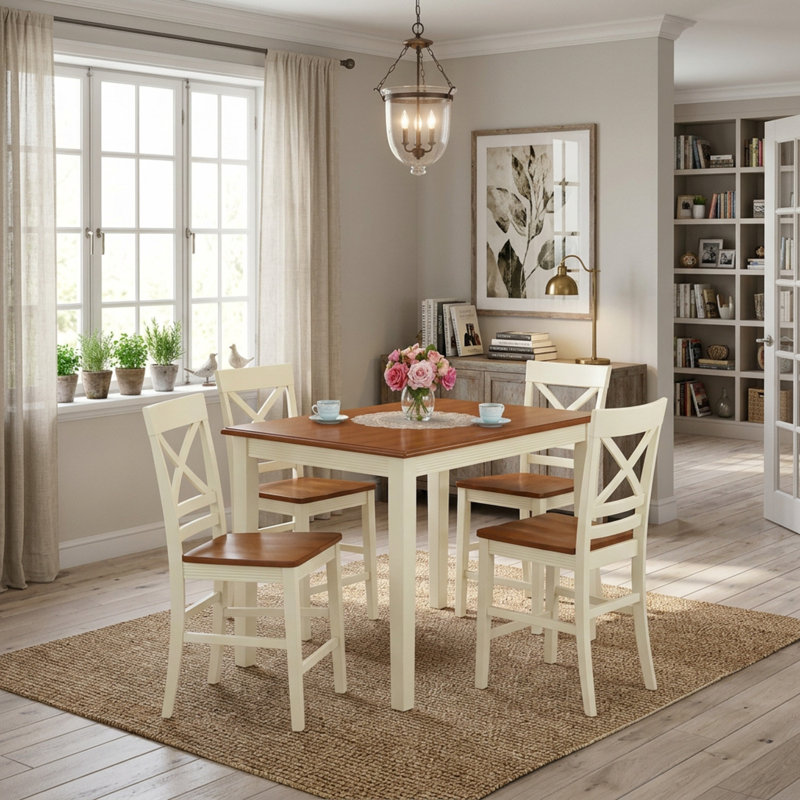 Ensemble table haute rectangulaire 5 pièces en bois d'hévéa couleur cerisier-babeurre, style transitionnel, avec assise en bois.