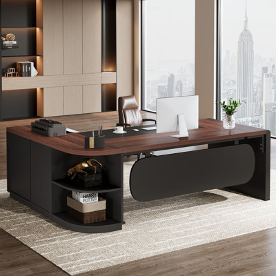 Bureau de direction en L 80,71 pouces, grande table de bureau avec classeur